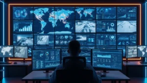 A high-tech security operations center (SOC) with a panoramic view of a massive video wall displaying multiple surveillance feeds, digital maps, and data analytics. A professional operator is seen from behind or profile, blurred in the foreground to create depth. Sleek blue and orange LED lighting accents. Wide-screen format, futuristic and clean aesthetic, 8k, copy space on the left.