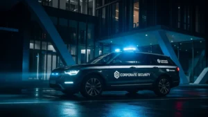 A modern, branded security patrol SUV with amber and blue LED light bars, driving through a high-end corporate or residential district at dusk. Slight motion blur on the wheels to convey movement and speed. The car's headlights create sharp beams in the misty air. Dramatic, high-action cinematic lighting. Wide landscape shot, 8k, professional automotive photography.