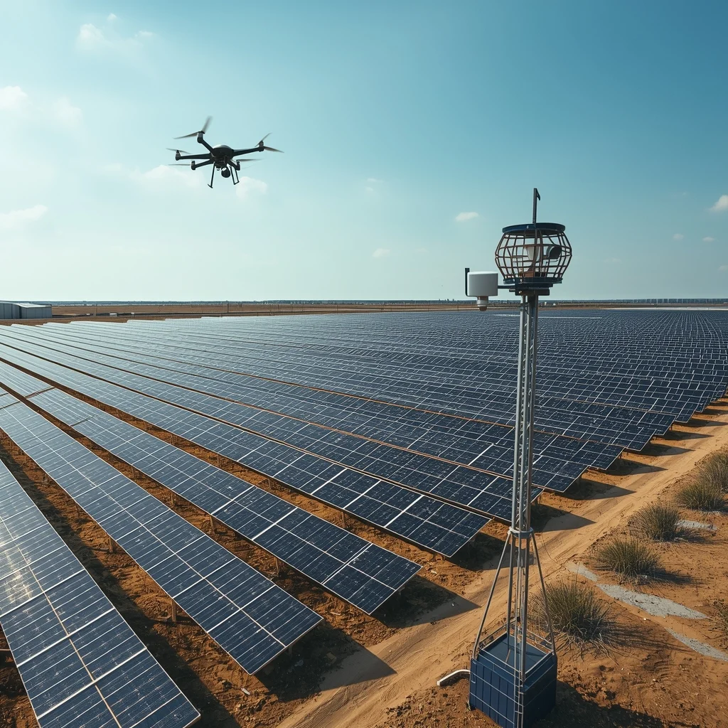 A vast solar farm with rows of panels under a clear sky, a security surveillance tower realistic with thermal cameras, a security drone flying overhead, wide angle shot, professional technology photography, 8k.