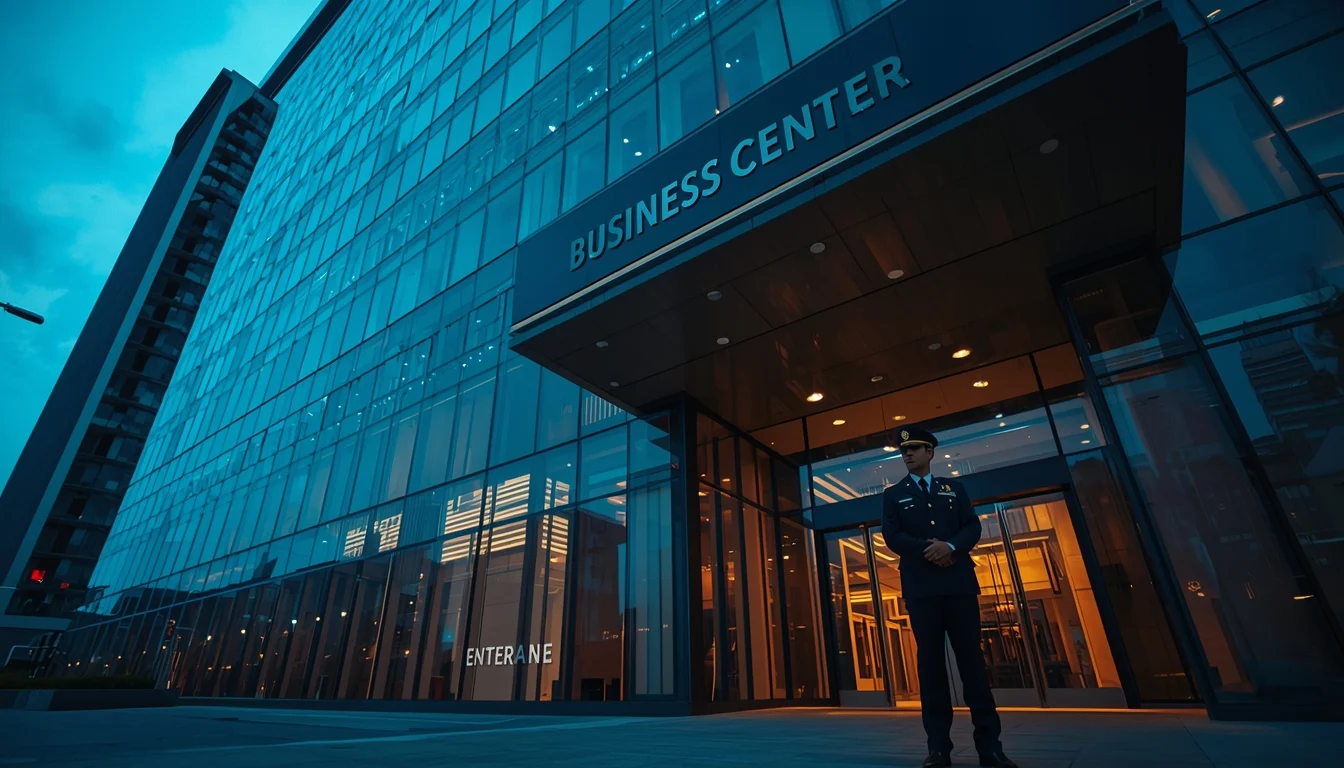 Exterior of a modern glass skyscraper business center at dusk, a professional security guard in a navy blue uniform standing alert at the entrance, sharp cinematic architectural photography, blue hour lighting, 8k resolution, corporate aesthetic.