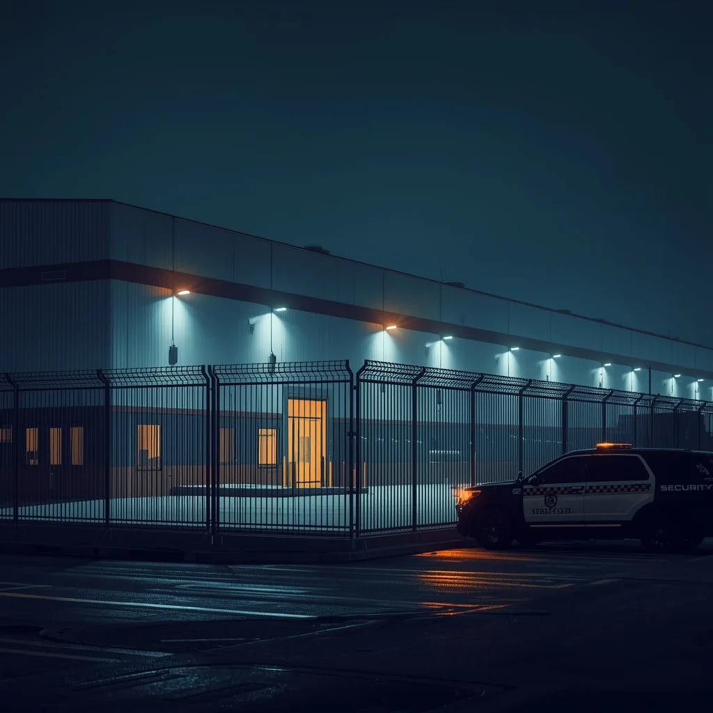 Large modern industrial warehouse facility at night, high-tech perimeter security fence with motion sensors and visible CCTV cameras, a security patrol vehicle with orange LED lights parked nearby, industrial cinematic style, 8k.