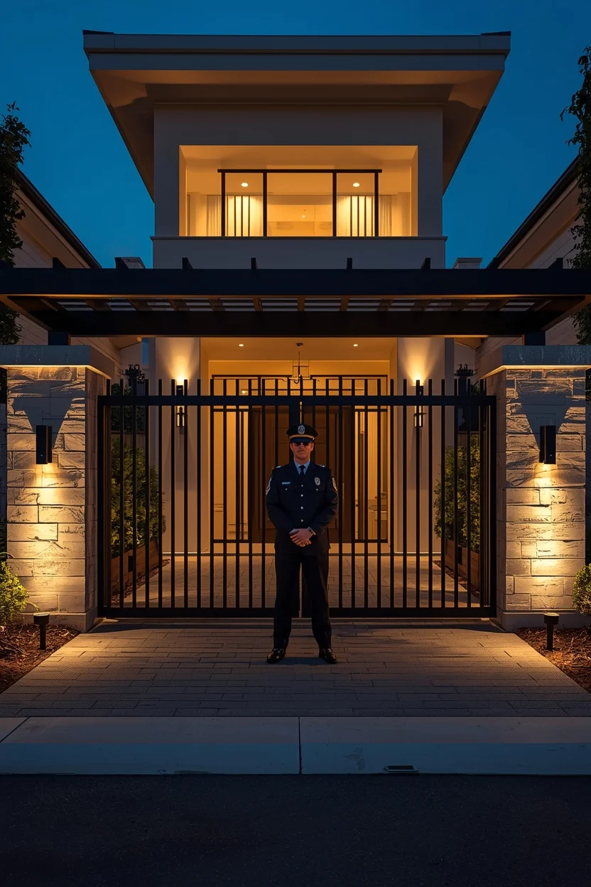 Entrance of a luxury contemporary residential gated community, architectural lighting, professional security officer in a sleek uniform standing near a modern guard house, high-end real estate photography, feeling of safety and exclusivity, 8k.