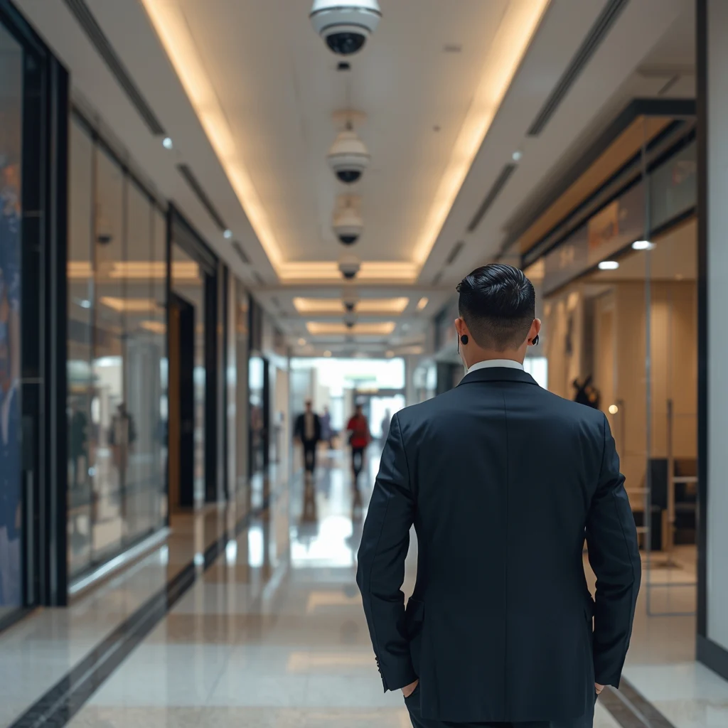 Interior of a luxury high-end shopping mall, a professional security guard in a sharp suit with an earpiece standing near glass storefronts, modern ceiling-mounted dome security cameras, clean commercial aesthetic, 8k.