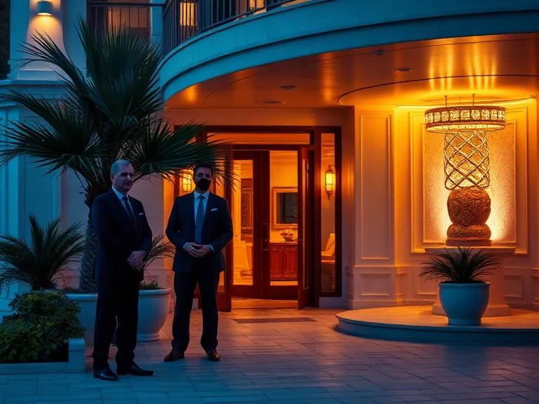 Entrance of a 5-star luxury seaside resort at night, security personnel in professional attire standing discreetly near the illuminated lobby, and warm ambient lighting, high-end hospitality photography, 8k.