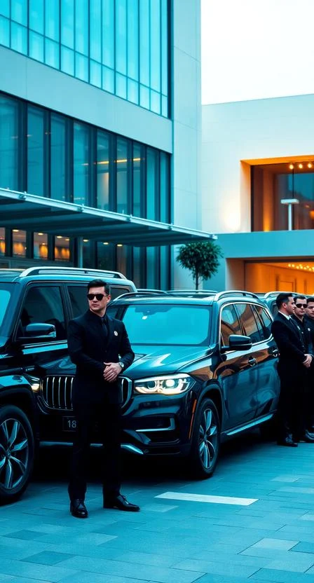 A wide cinematic shot of a luxury black SUV parked in front of a modern high-end hotel at night. A professional close protection officer in a sharp dark suit and a discreet earpiece is standing by the open passenger door, looking alert. Reflections of city lights on the car's body. High-end corporate security aesthetic, shallow depth of field, 8k resolution, copy space on the left.
