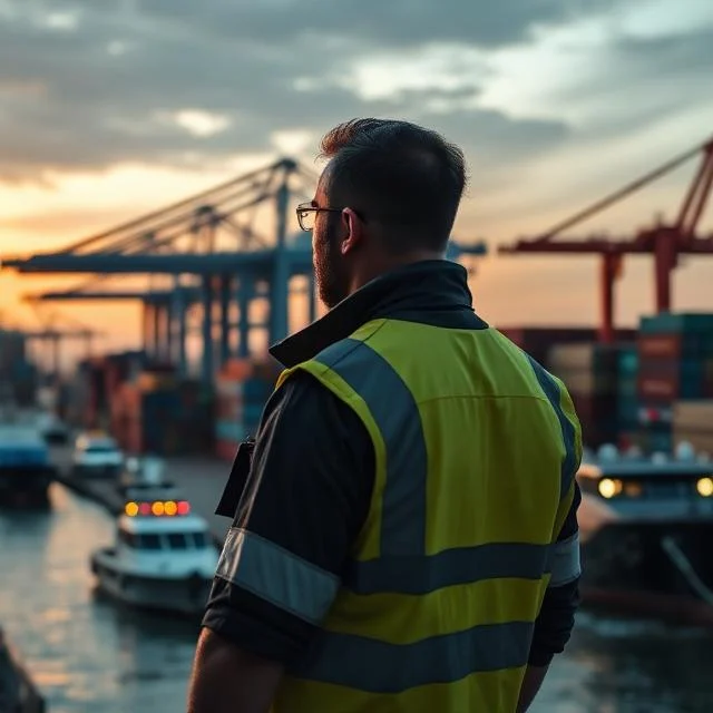 A dramatic wide shot from the deck of a massive oil tanker ship in the middle of the deep blue ocean. A professional maritime security guard, equipped with tactical gear and binoculars, is looking out towards the horizon. The vast sea and the industrial structure of the ship create a powerful atmosphere. Late afternoon sun with high contrast, deep blue and metallic grey tones, cinematic lighting, 8k resolution.