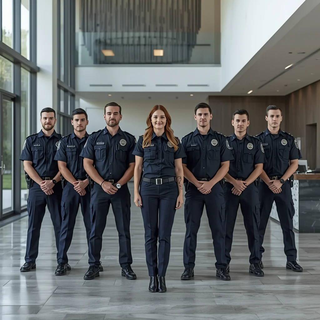 Image is a high-resolution, color photograph featuring a group of six security personnel, white color skin and europian , standing in a modern, spacious lobby with large windows and natural light. The individuals are arranged in a straight line, all wearing matching dark blue security uniforms with badges on their chests and utility belts around their waists. The group consists of three men and three women. The central figure, a woman, stands slightly ahead of the others, exuding a sense of leadership. The lobby features sleek, contemporary design elements, including a glass reception desk on the right and a geometric wall art piece in the background. The overall atmosphere is professional and orderly, emphasizing the security team's readiness and cohesion. make them all white skin color