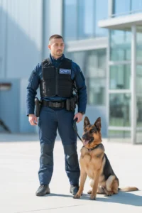 A vertical professional photograph of a security K9 handler and his alert German Shepherd dog. Bright natural daylight setting in an open outdoor area of a modern facility. The handler is wearing a crisp, professional navy blue tactical uniform with a "Security" patch. The dog is sitting alertly by his side. The atmosphere is trustworthy and authoritative. Clear, bright lighting, photorealistic, 8k, professional outdoor photography.