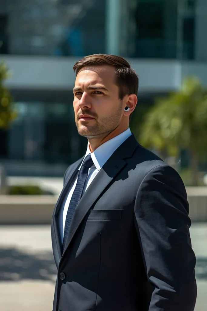 A vertical professional portrait of a high-end close protection officer (VIP Security) standing alert in bright, natural daylight. He is wearing a sharp, well-tailored dark suit, a clean white shirt, and a discreet earpiece. The background is a modern, sunlit corporate plaza with glass architecture, slightly blurred (bokeh). The lighting is clean, bright, and realistic. High-end commercial photography, 8k resolution, sharp focus on the officer's face.