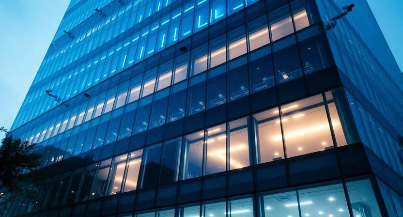 A cinematic wide shot of a modern glass corporate headquarters. The building is illuminated with professional architectural blue lighting. Subtle security cameras are visible on the corners of the structure. High-end, sleek, and safe atmosphere.daylight, 8k resolution, architectural photography style.