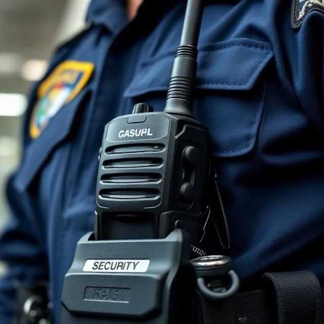 Macro photography close-up of a professional security guard's tactical gear. Focus on a high-tech radio/walkie-talkie and a professional belt with equipment. The fabric of the navy blue uniform is detailed and crisp. In the background, a blurred security patch. Professional, organized, and ready for action. Cinematic lighting, sharp focus, 8k. no badge brand