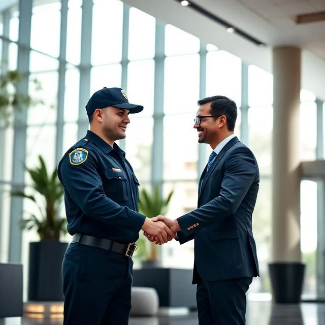 A professional handshake between a security officer in a sharp, modern navy blue uniform and a businessman in a high-end suit. They are standing in a bright, luxurious modern office lobby. The image conveys trust, reliability, and a strong partnership. Natural sunlight filtering through large glass windows, high-end corporate photography, cinematic quality, 8k.