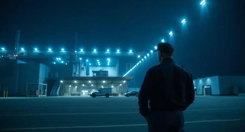 A wide-angle cinematic shot of a massive modern industrial complex at night (blue hour). In the foreground, a professional security guard in a navy blue uniform stands alert, looking towards the facility. Subdued architectural lighting, high-end commercial photography. Space on the left for text overlay. 8k resolution, deep blue and charcoal tones.