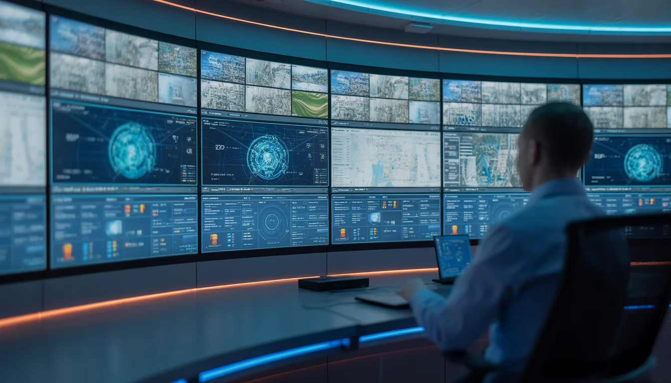 A futuristic, high-tech security operations center seen from a wide angle. A large wall of digital monitors in the background displaying various CCTV camera feeds, thermal imaging, and data analytics. The lighting is dark with sleek blue LED accents. Professional, clean, and technologically advanced atmosphere. Shallow depth of field, 8k, cinematic tech aesthetic.