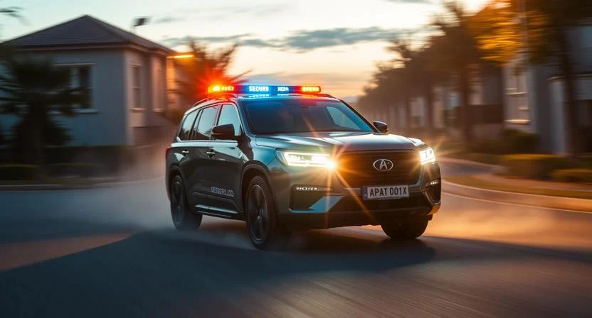 A modern security patrol vehicle with professional branding and a glowing amber LED light bar on top, driving through a modern urban district at dusk. Slight motion blur on the street to convey speed and rapid response. Dramatic lighting with sharp highlights on the car's body. Cinematic urban security photography, 8k, high action feel.