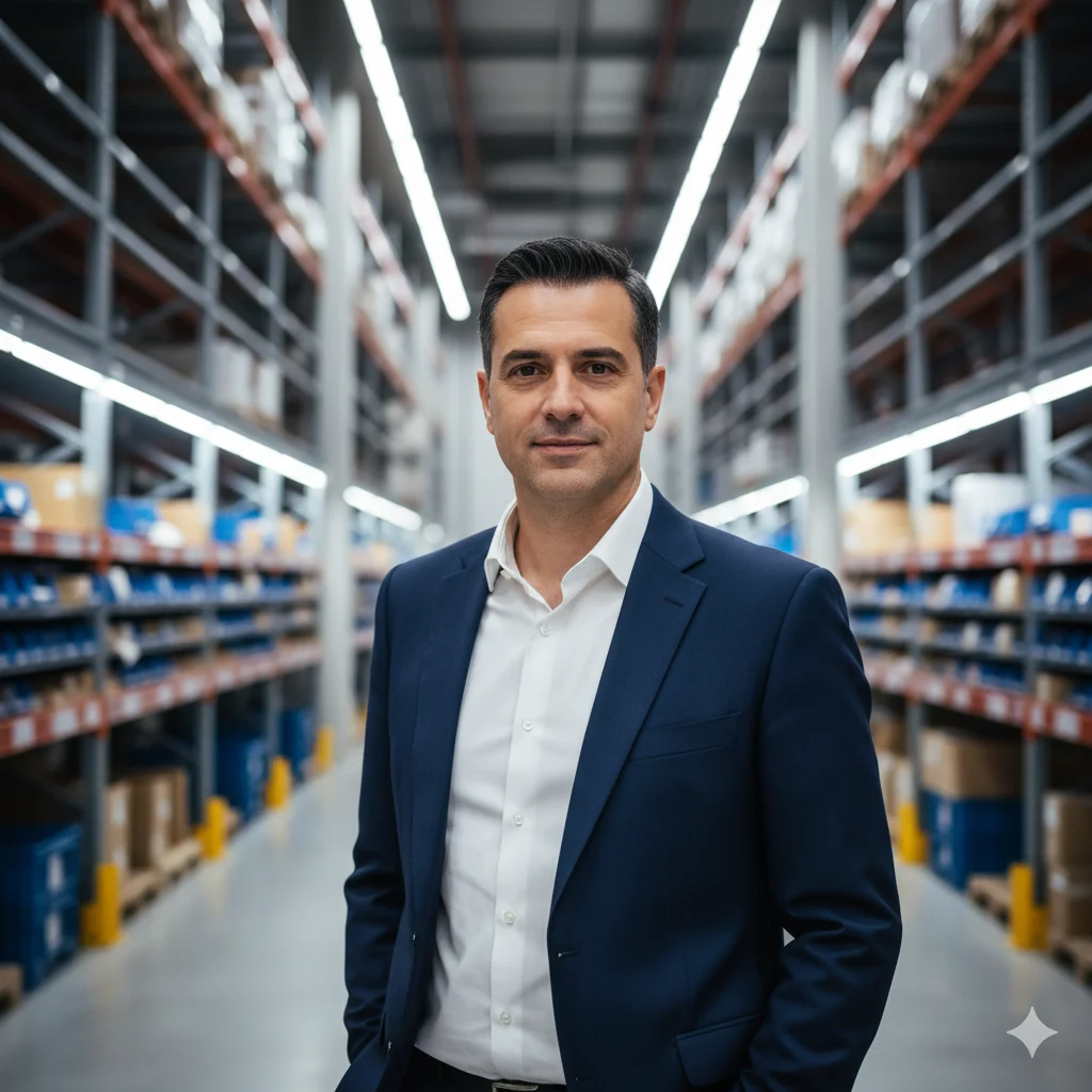 A professional high-end corporate portrait of a confident Mediterranean man in his late 40s, with short dark hair and a friendly but serious expression. He is wearing a sharp, tailored navy blue blazer with a crisp white shirt. The background is a blurred, modern, high-tech logistics warehouse with clean industrial shelving and soft architectural lighting. Cinematic corporate photography, shallow depth of field, 8k resolution, photorealistic, lighting that conveys trust and leadership.