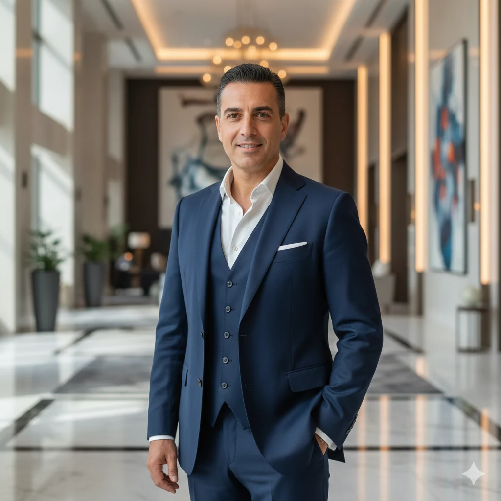 A professional corporate portrait of a confident man in his late 40s, Greek features, short dark hair, wearing a high-end tailored navy blue suit with a white shirt. He is standing in a modern, sunlit luxury hotel lobby with blurred marble floors and architectural lighting in the background. High-end commercial photography, shallow depth of field, 8k resolution, trustworthy and executive look.