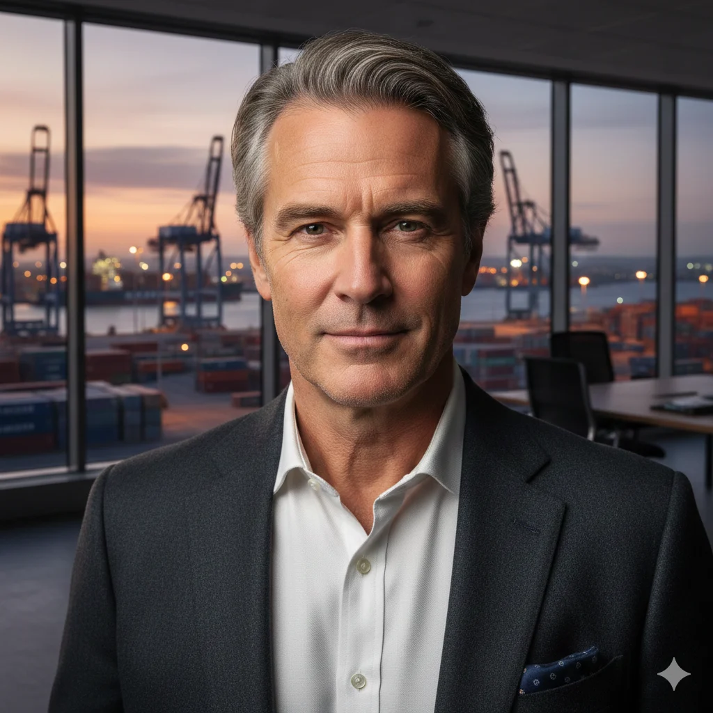 A professional portrait of a mature man in his early 50s with distinguished grey hair and a calm, authoritative expression. He is wearing a high-quality charcoal blazer over a clean shirt (no tie). The background is a modern shipping office with large glass windows overlooking a busy port with cargo ships at dusk. Soft, warm indoor lighting contrasting with the blue evening light outside. Photorealistic, 8k, sharp focus on the face.